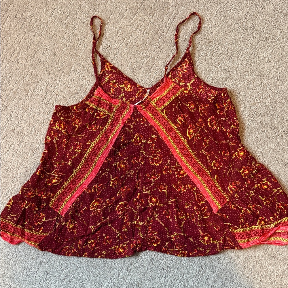 Free People Red Orange Floral Tank Spaghetti Strap Womens Med 100% Rayon Boho - Picture 8 of 11